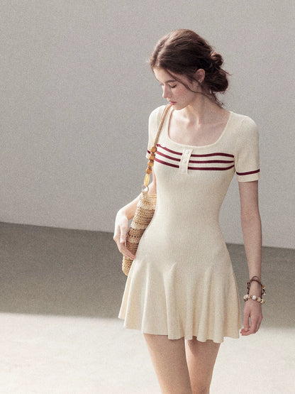 "First Date" Ivory Square Neck Knit Pleated Mini Dress