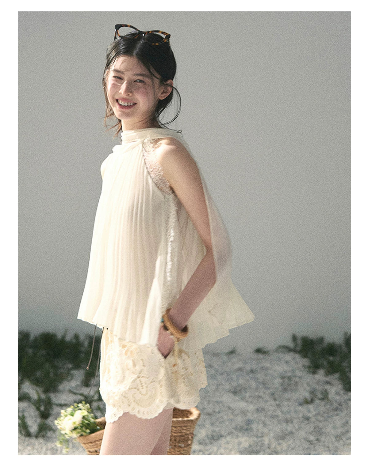 “Summer Light Through Pleats” Ivory Lace Pleated Halter Blouse