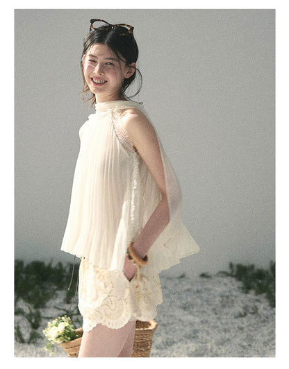 “Summer Light Through Pleats” Ivory Lace Pleated Halter Blouse