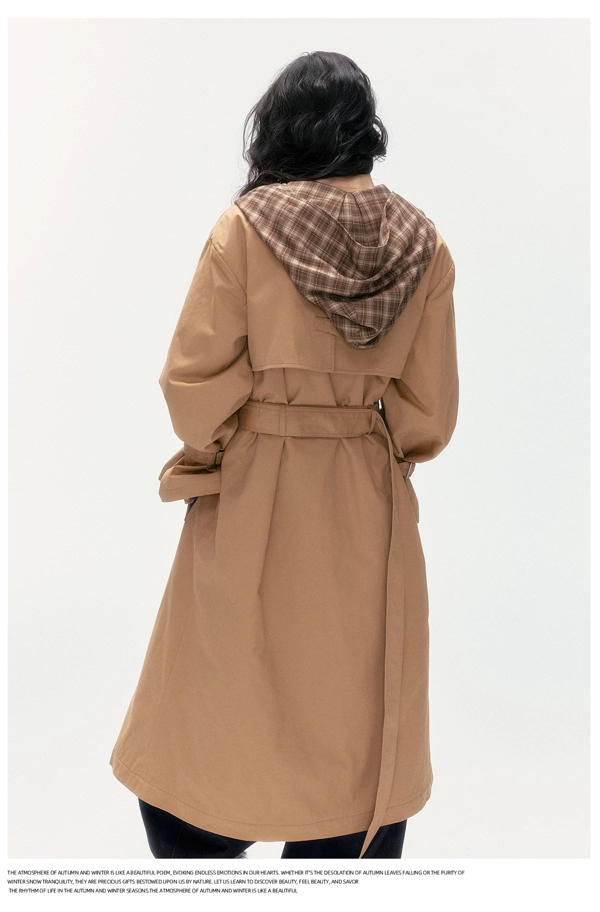 24olvides - Brown Long Padded Trench Coat with Plaid Hood