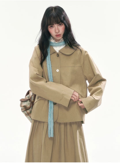 [CAN] Khaki Peter Pan Collar Jacket & Midi Skirt Set
