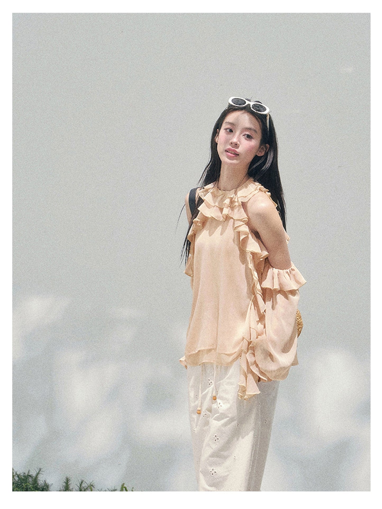 少也眼 “Heidi Heiress” Light Sand Sheer Ruffle Top 142