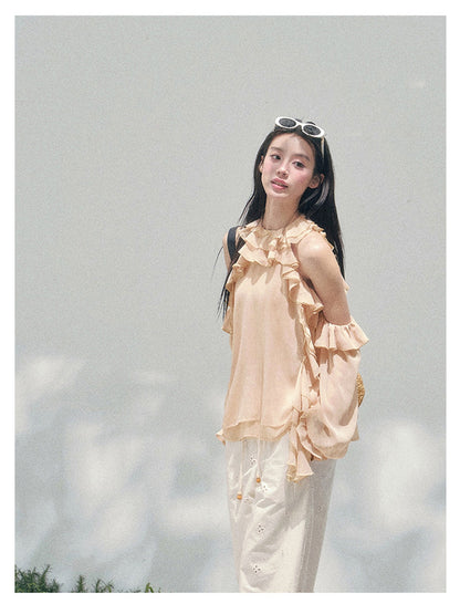 少也眼 “Heidi Heiress” Light Sand Sheer Ruffle Top 142