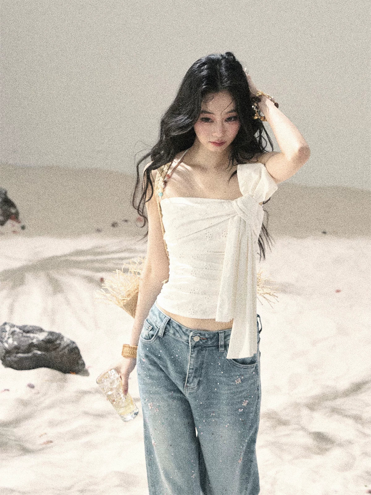 "Fragments of Tenderness" Frost White Halter Twist Crop Top