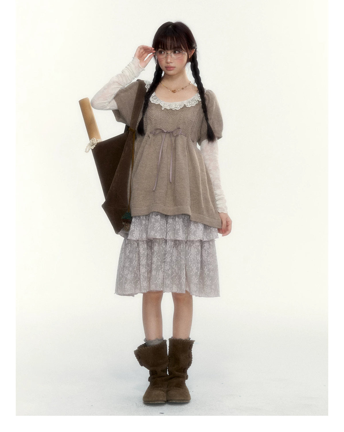“Cloud Pleats” Chestnut Mist U-Neck Bow-Tie Puff Sleeve Knit Sweater