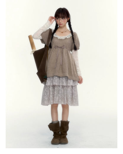 “Cloud Pleats” Chestnut Mist U-Neck Bow-Tie Puff Sleeve Knit Sweater