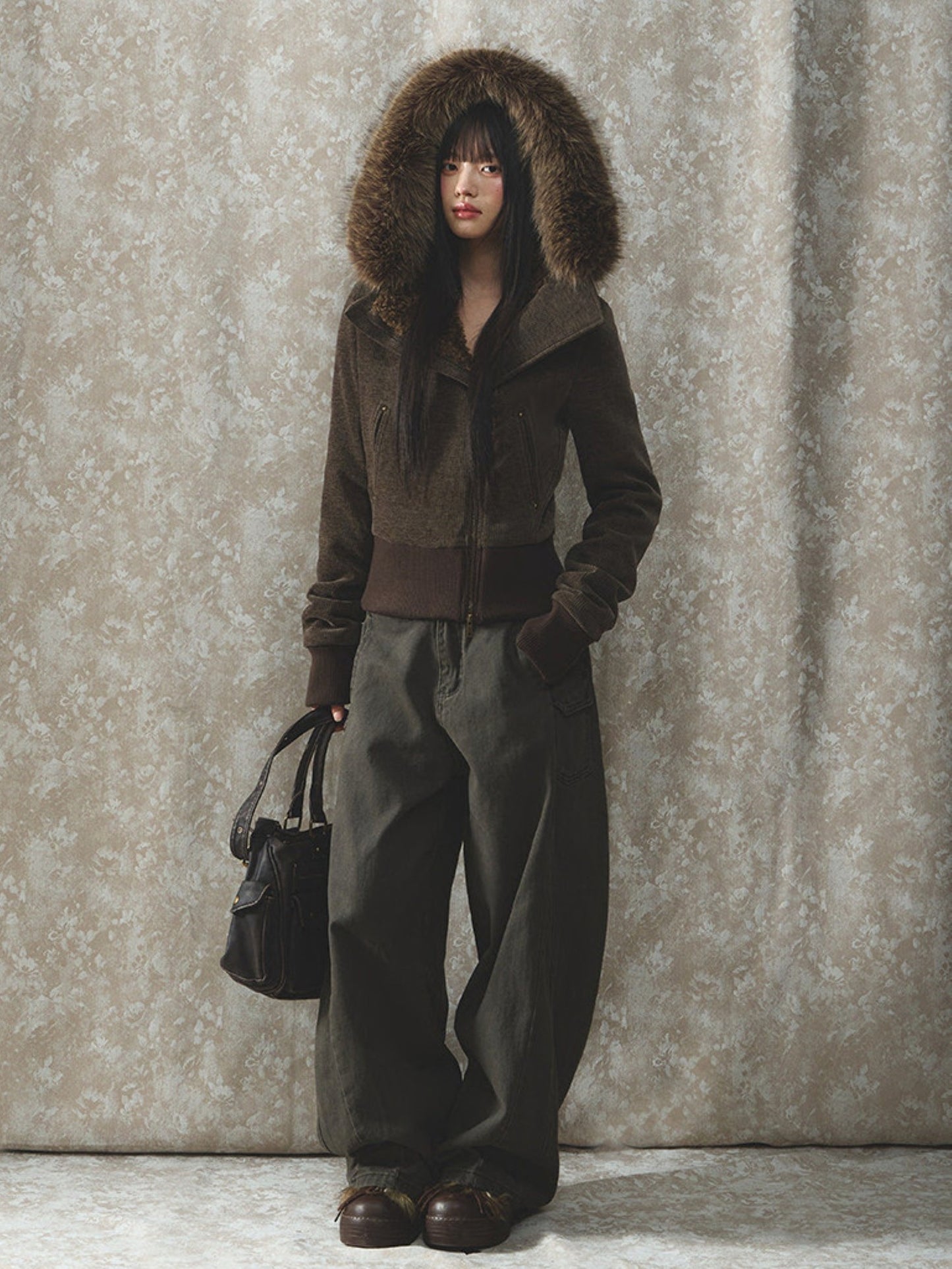 Soote Season - Deep Brown Chenille Faux-Fur Hooded Cropped Jacket