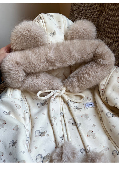 阮阮自制 - Honey Bear Ivory Plush Padded Jacket & Fleece Pants Set