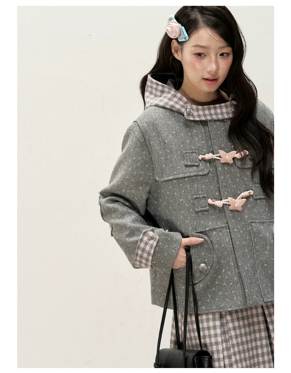 [RF] Floral Heather Gray Pink Plaid-Trim Hooded Duffle Coat