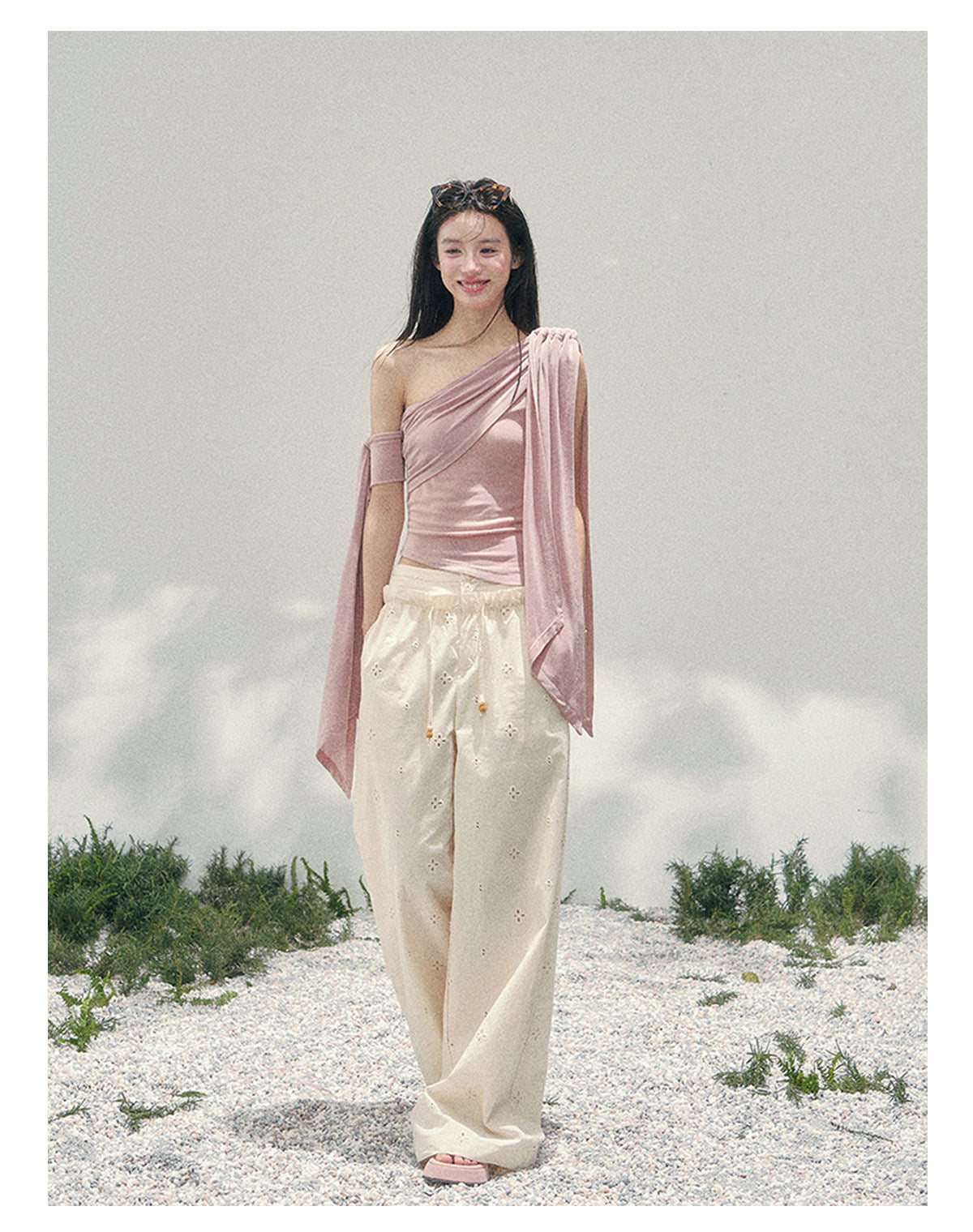 “Sunset Coral” Asymmetrical Ribbon Sleeve Crop Top