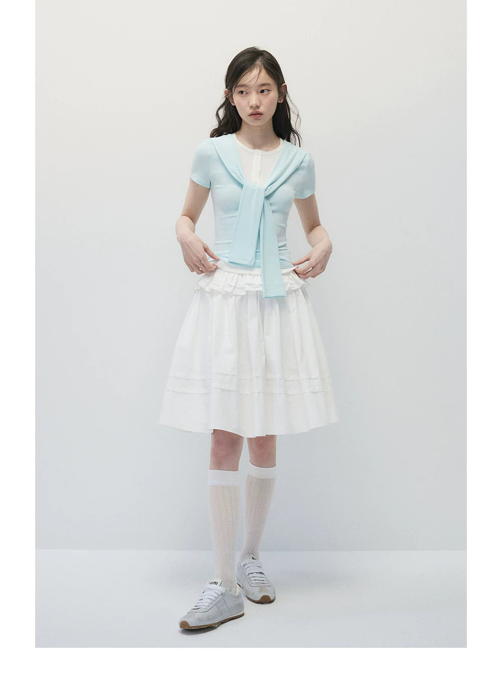 Mint Blue Faux Two-Piece Top & White A-Line Midi Skirt Set