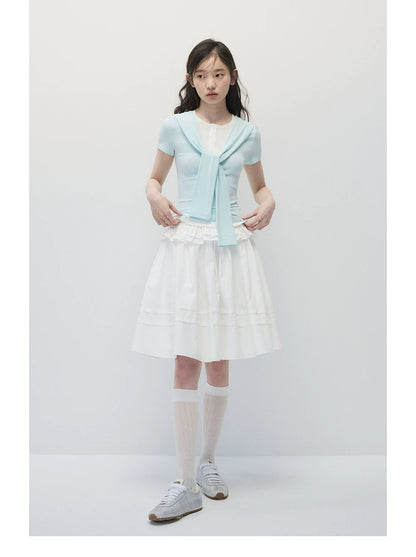 Mint Blue Faux Two-Piece Top & White A-Line Midi Skirt Set