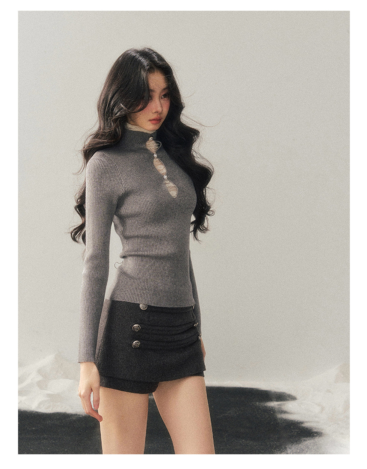 040126 "Lacewoven Dream" Mock Neck Layered Lace Knit Top - High-Intellect Gray