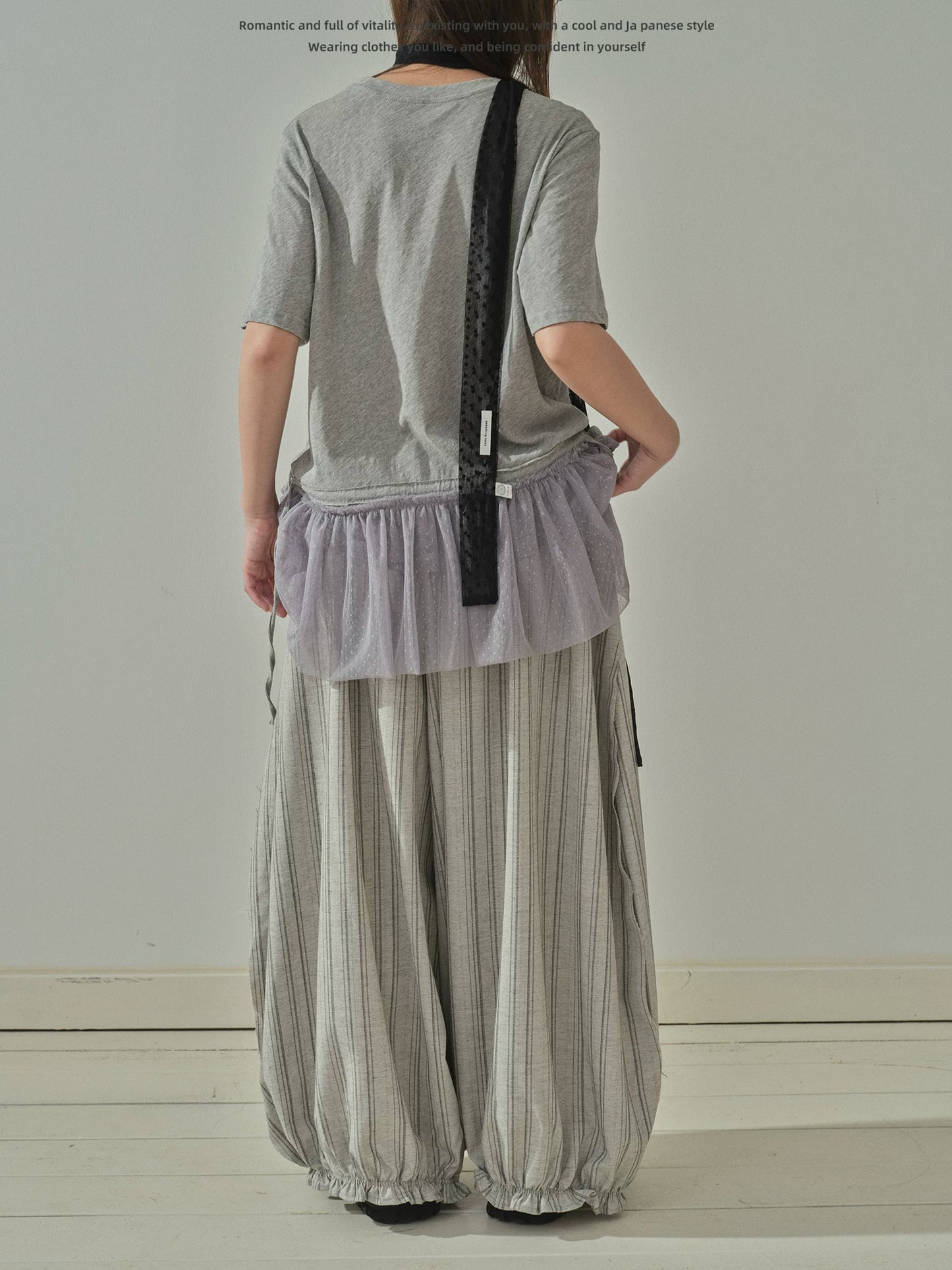 "Vintage Drift" Gray Striped Balloon Wide Leg Trousers