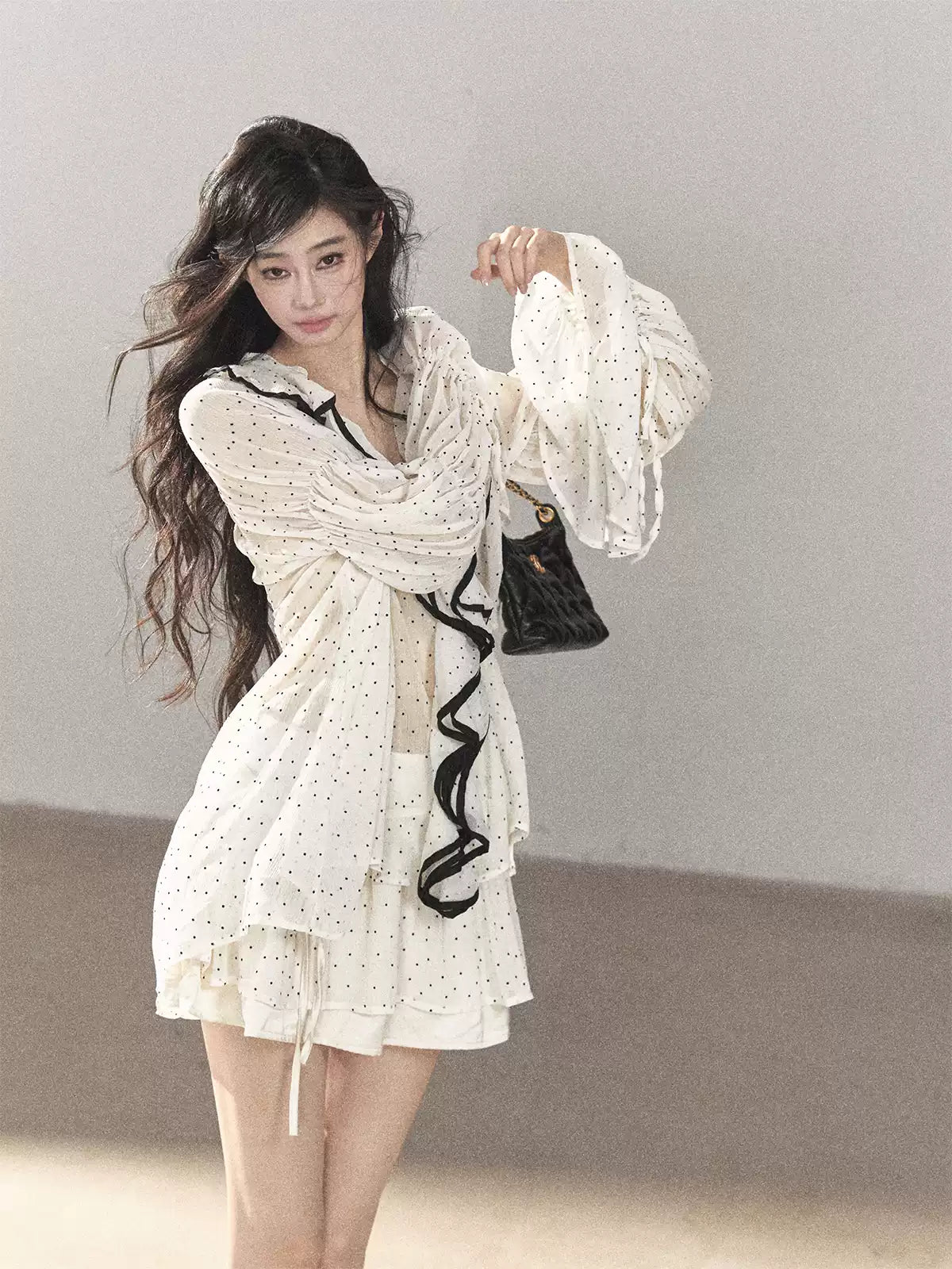 AOMALM - "Gossamer Moonlight" Pearl Shell Chiffon Top & Mini Skirt Set (With Tie & Flower)