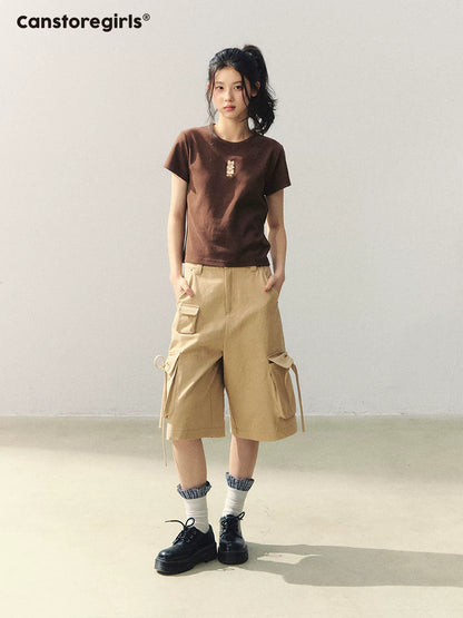 "Sand Messenger Mood" Khaki Bow Drawstring Cropped Cargo Pants WW2026042