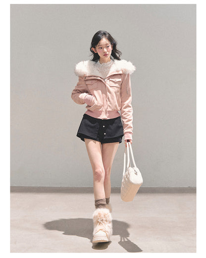 少也眼 “Snowvel Embrace” Hooded Sherpa Jacket - Cinnamon Pink 874351