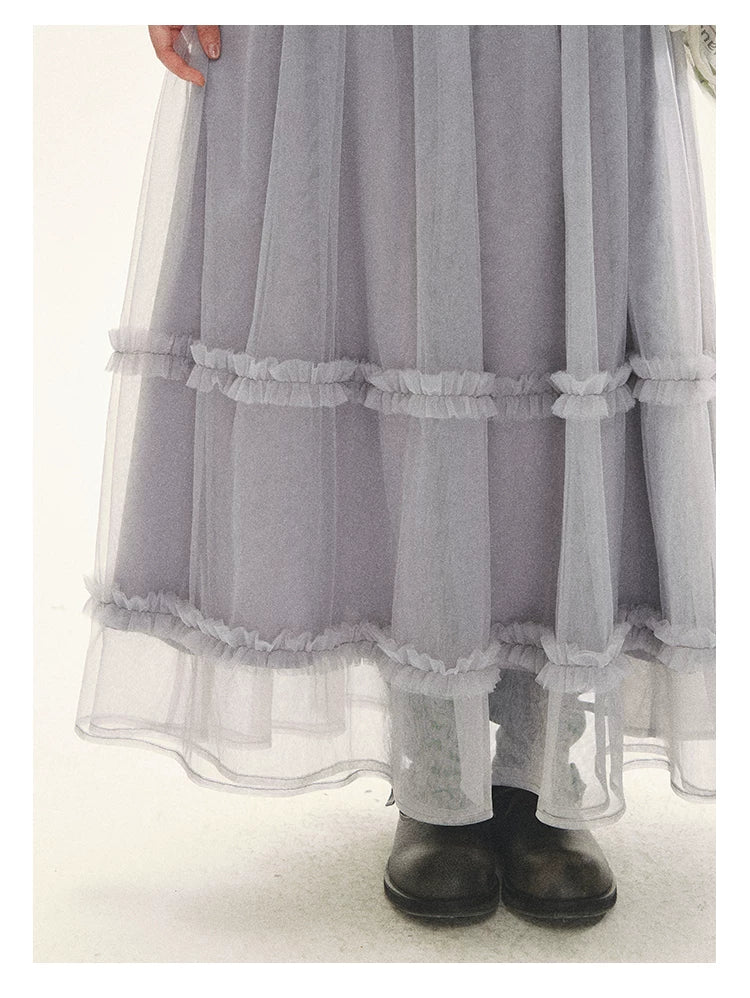 "Morning Veil" Morning Mist Purple Tiered Mesh Slip Midi Dress
