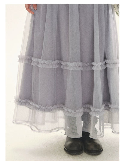 "Morning Veil" Morning Mist Purple Tiered Mesh Slip Midi Dress