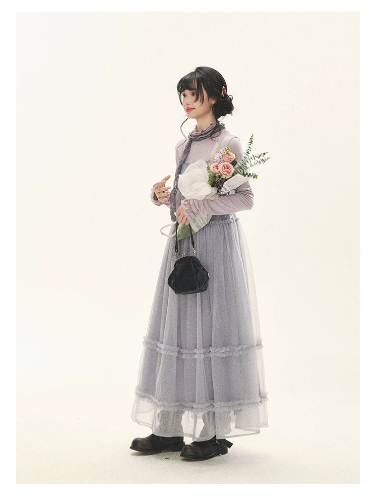 "Morning Veil" Morning Mist Purple Tiered Mesh Slip Midi Dress