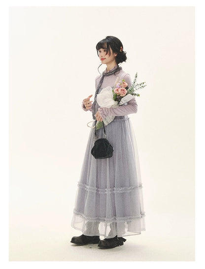 "Morning Veil" Morning Mist Purple Tiered Mesh Slip Midi Dress