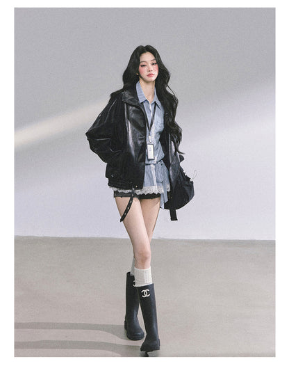 AOMALM - Cool Girl American Biker PU Leather Jacket