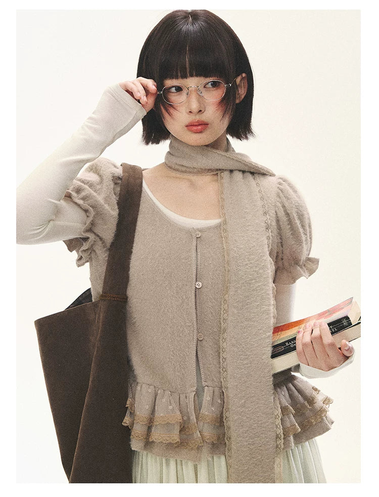 "Soft Fufu" Blush Pink Lace Puff Sleeve Knit Cardigan
