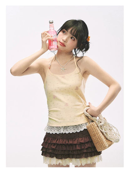 "Bear Cottage Holiday" Butter Yellow Lace Trim Bear Print Halter Knit Cami Top