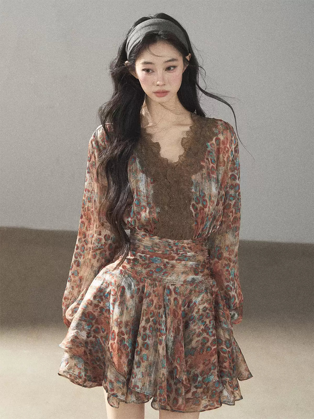 AOMALM - “Whispers of Withered Branches” Rich Cocoa French Lace Chiffon Mini Dress with Tights