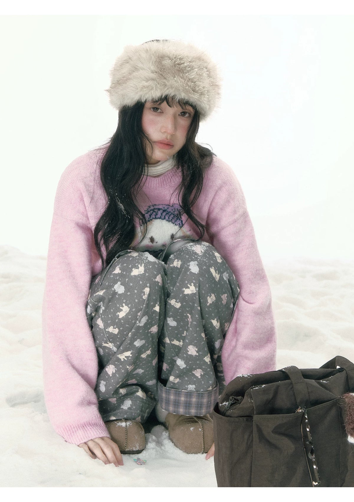 JOVYLLE - Pink Rabbit Jacquard Knit Sweater