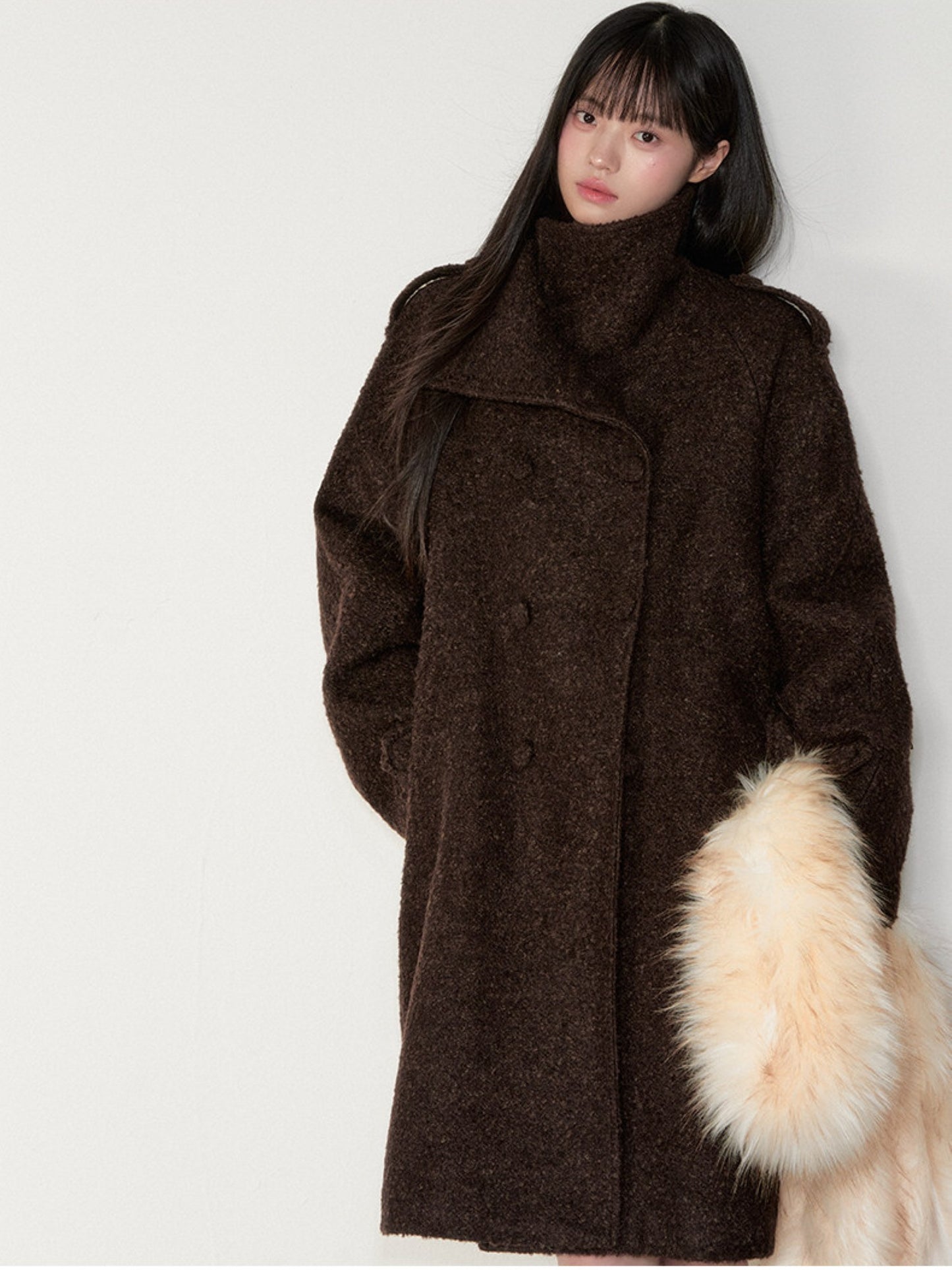 Soote Season - Deep Roast Brown Korean-Inspired Lady Collar Bouclé Long Wool Coat