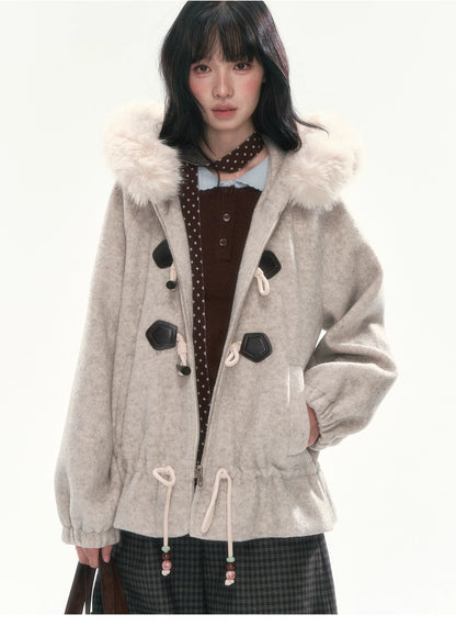 CAN - "Frosted Cloud Reverie" Beige Gray Detachable Faux-Fur Collar Wool-Blend Jacket