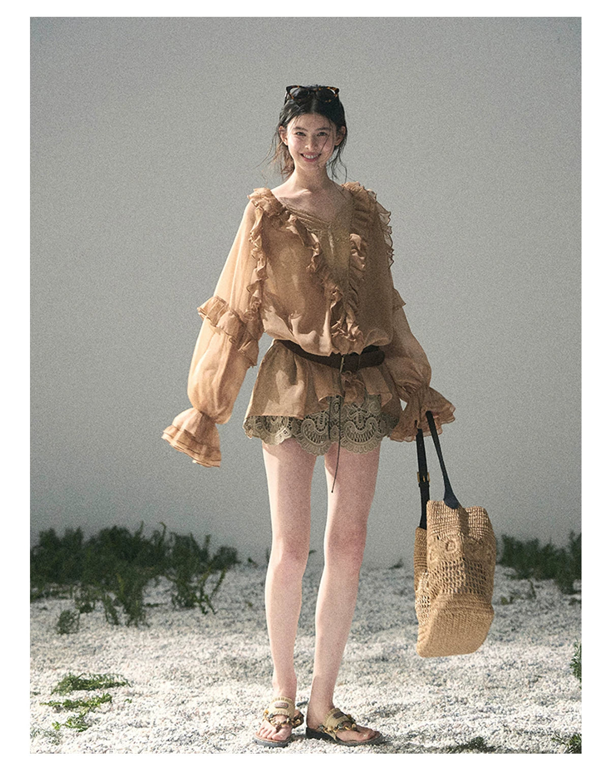 “Whispers of the Wind” Ash Caramel Lace Chiffon Blouse (With Belt)