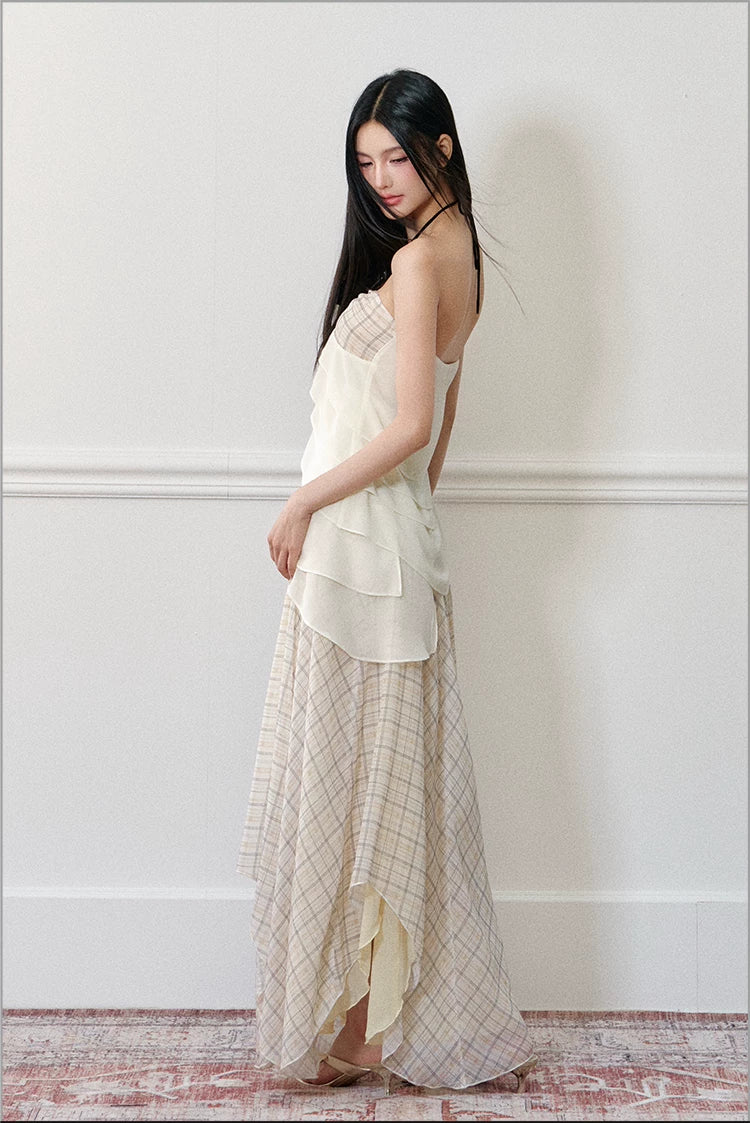 "Rose by the Sea" Rose Halter Top & Asymmetrical Plaid Maxi Skirt Set