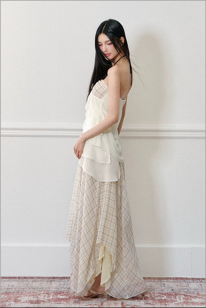 "Rose by the Sea" Rose Halter Top & Asymmetrical Plaid Maxi Skirt Set