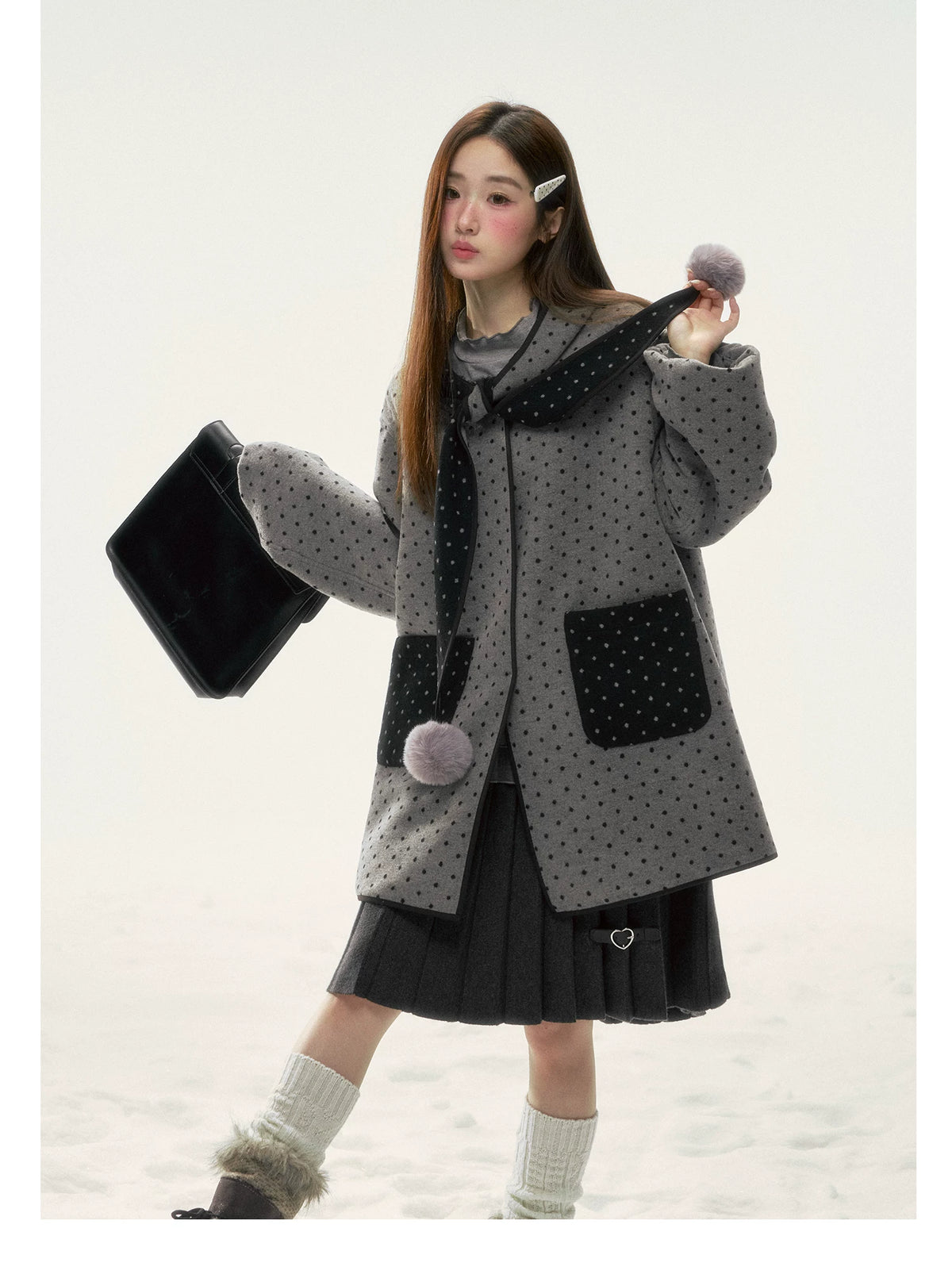 BIBIBENCY - Gray & Black Reversible Polka Dot Wool-Look Coat