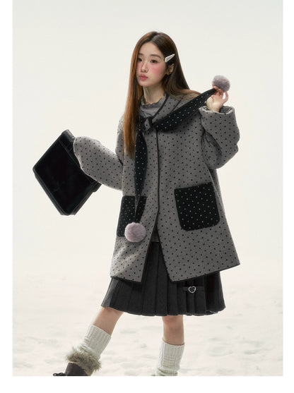 BIBIBENCY - Gray & Black Reversible Polka Dot Wool-Look Coat