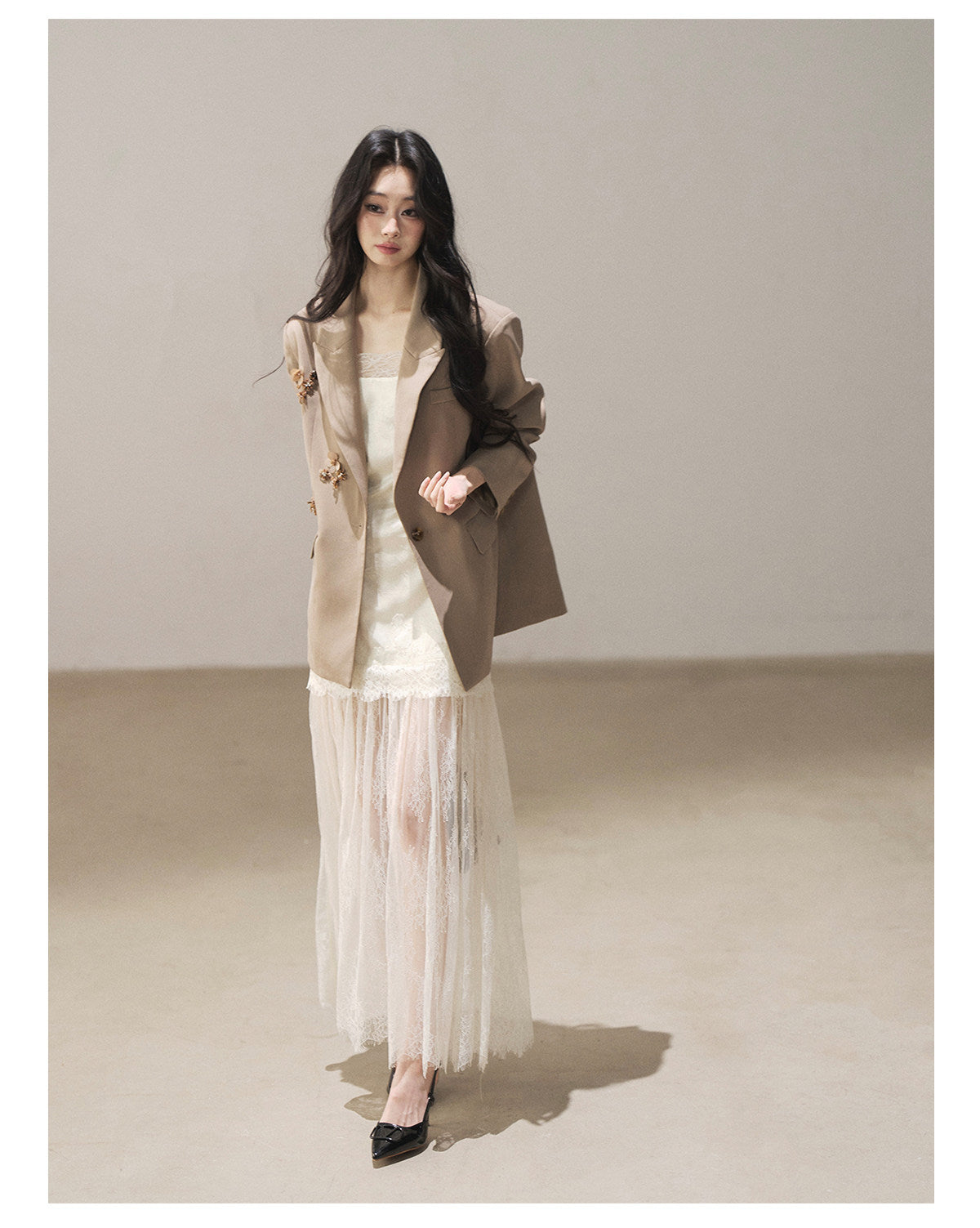 170726 "Your Open Meadow" Cream Apricot White Lace Slip Dress + Gray Taupe Tailored Blazer