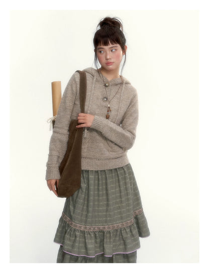 Oatmeal Ribbed-Hem Hooded Knit Sweater