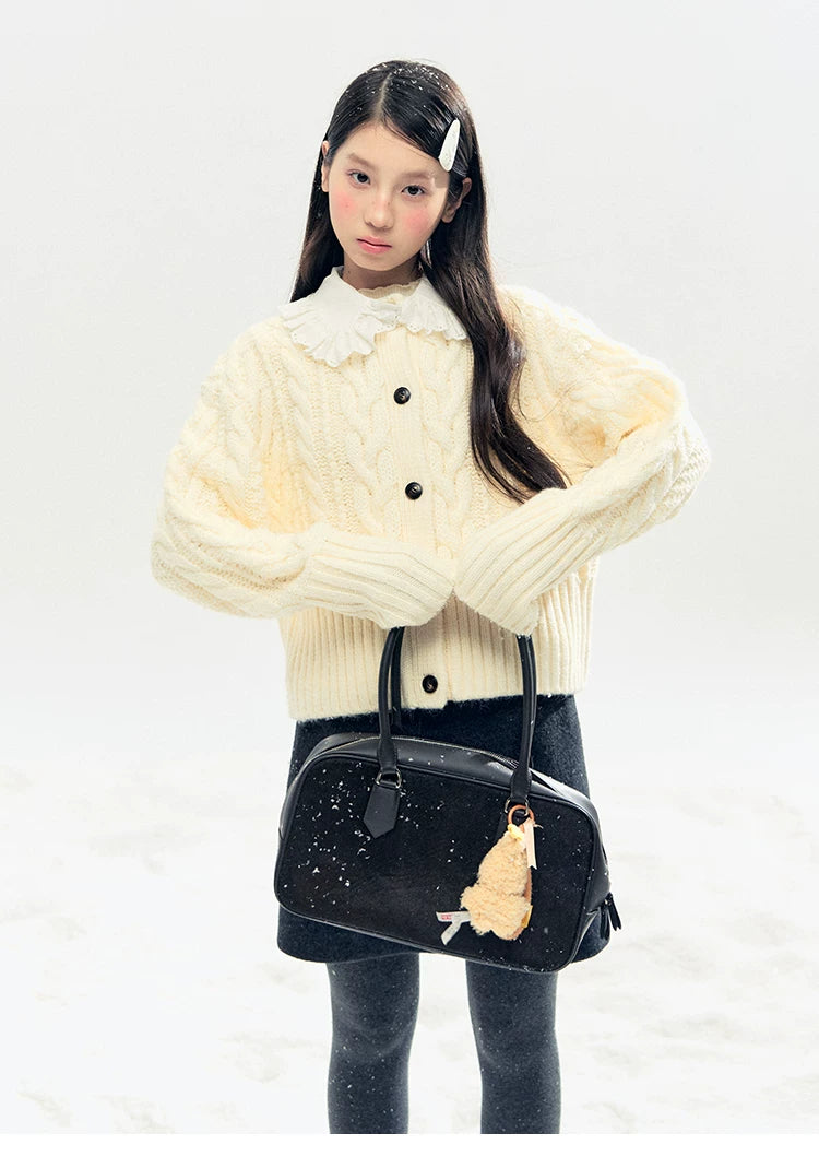 "Cotton Mousse" Cable Knit Cardigan with Detachable Ruffle Collar (Cotton Blue/ Soft White)