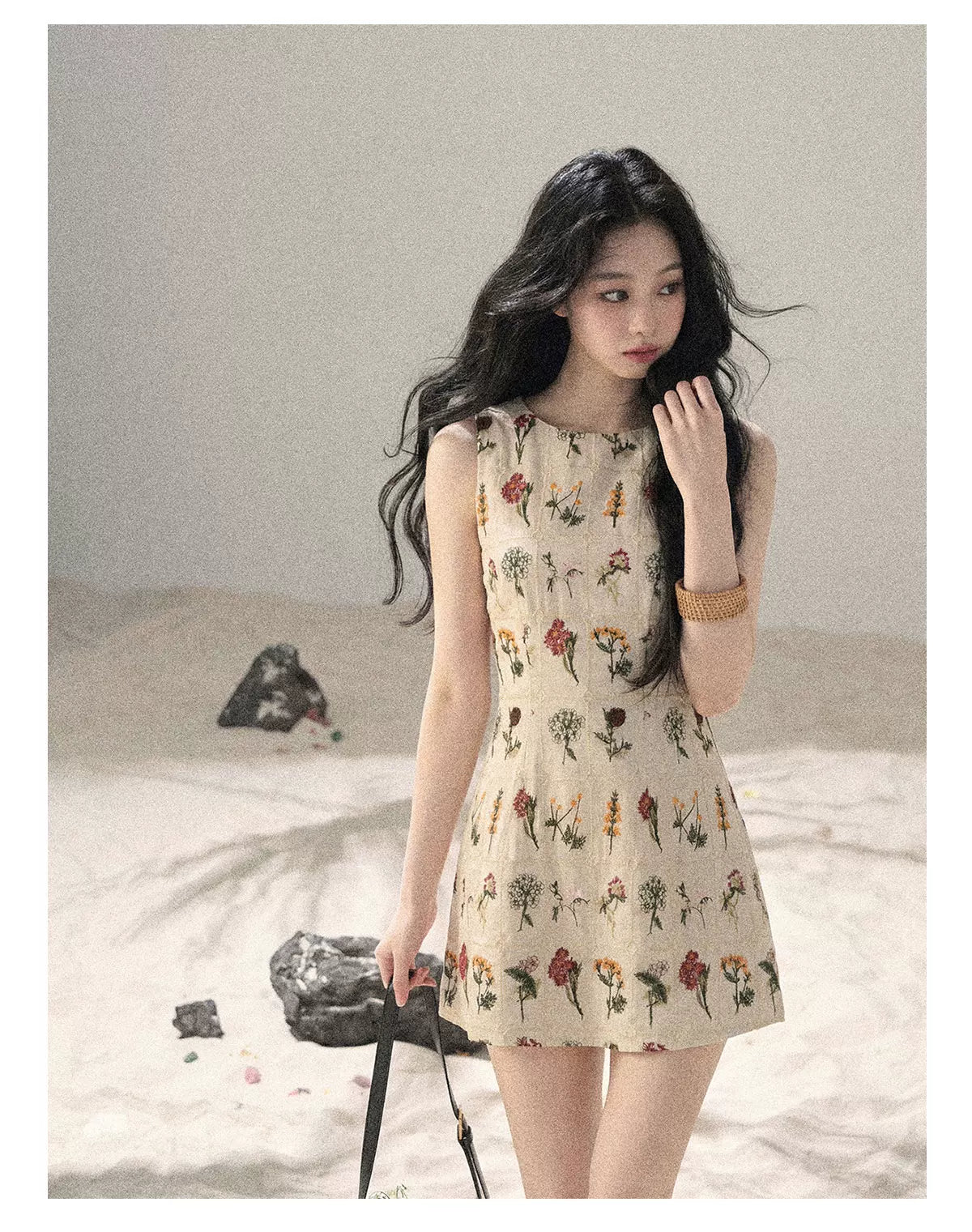 "Wildflower Daydream" Dutch Cream Embroidered Mini Dress - Sleeveless 45684