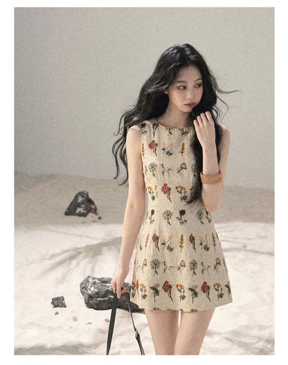 "Wildflower Daydream" Dutch Cream Embroidered Mini Dress - Sleeveless 45684