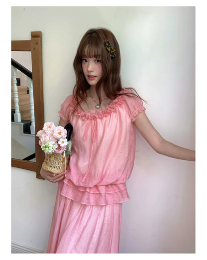 [RF] “Peach Picnic Reverie” Pink Plaid Two-Piece Skirt Set
