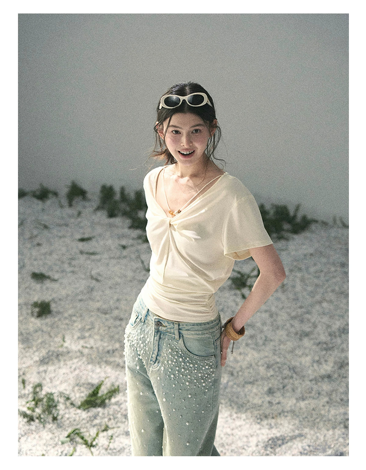 “White Between Breaths” Ivory Twist V-Neck Top