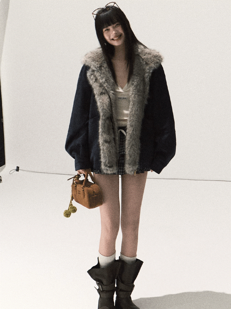 OAKMOO/ Agate Blue Faux Suede Hooded Jacket with Ombre Faux Fur