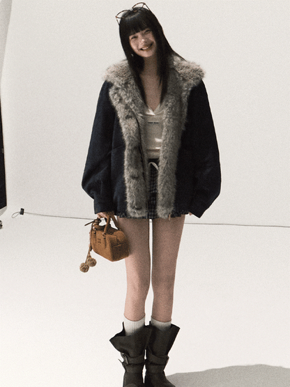 OAKMOO/ Agate Blue Faux Suede Hooded Jacket with Ombre Faux Fur