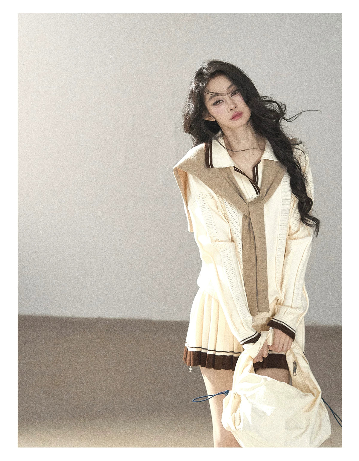 AOMALM - Dutch Cheese Knit Top & Pleated Mini Skirt Set with Khaki Shawl
