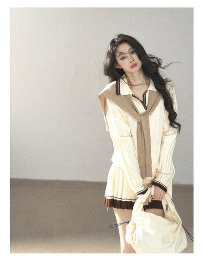AOMALM - Dutch Cheese Knit Top & Pleated Mini Skirt Set with Khaki Shawl