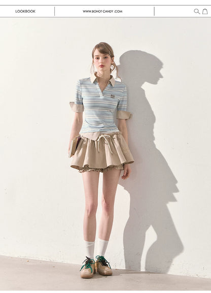 "The Space Between" Beige Drawstring Bubble Mini Skirt