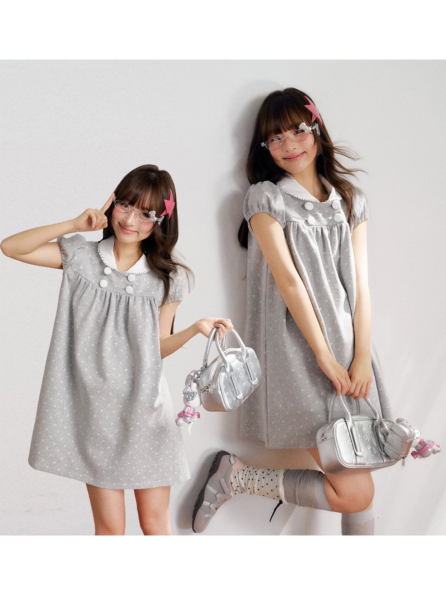 “Grey Sugar Cloud” Grey Polka Dot Doll Collar Dress